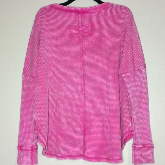 Zenana Hot Pink Mineral Wash Waffle Crew Neck - Picture 3 of 4